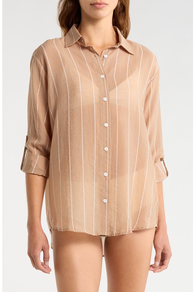 Stripe Button-Up Cover-Up Shirt, Alternate, color, TAN