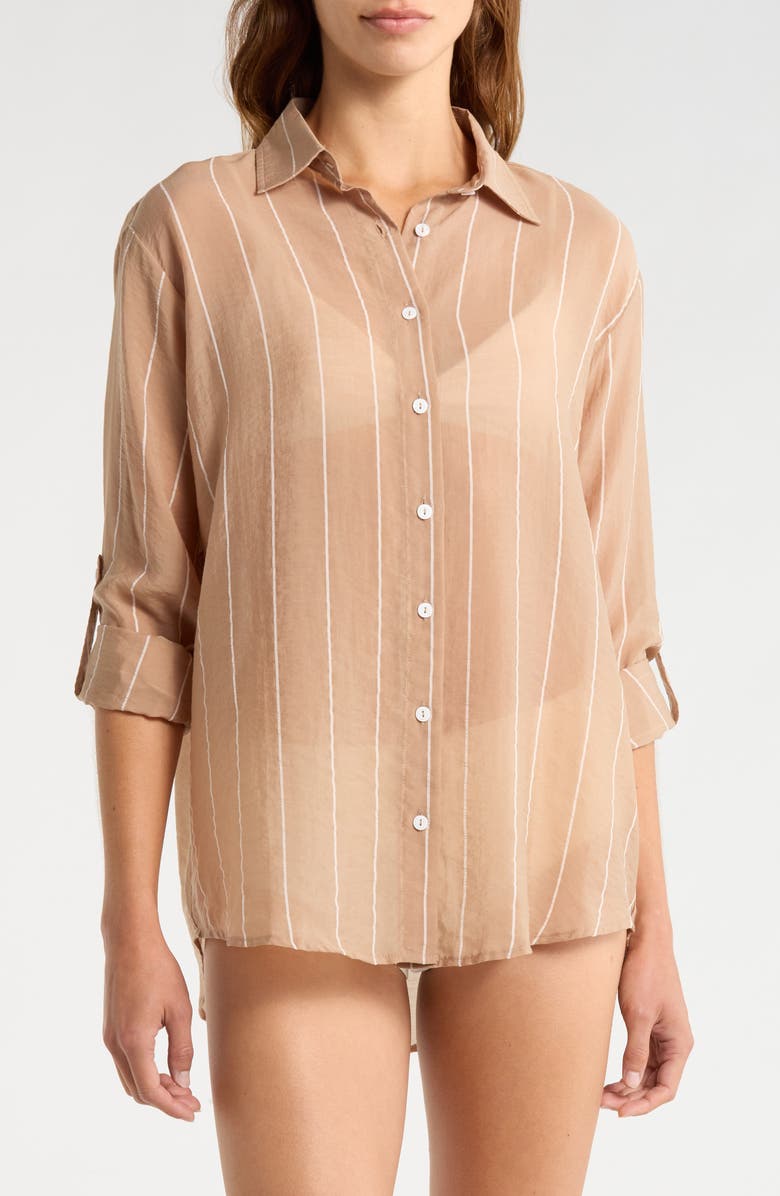 Elan Stripe Button-Up Cover-Up Shirt, Alternate, color, Tan