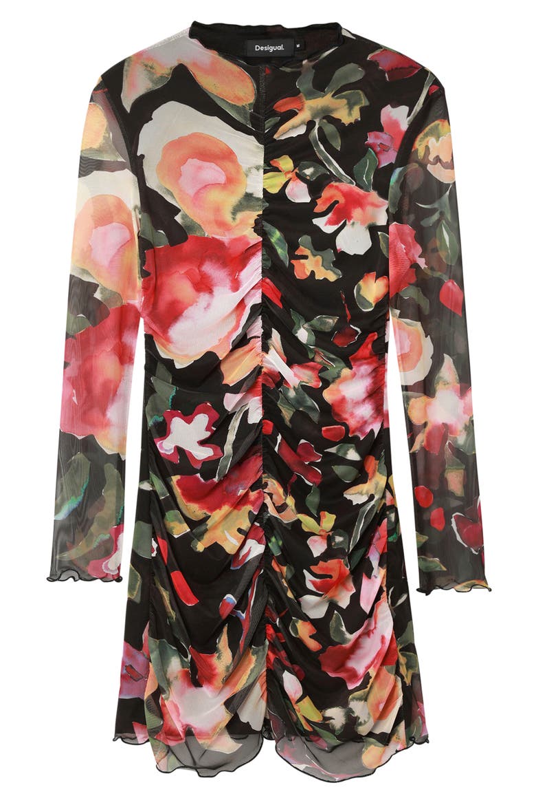 Floral Ruched Long Sleeve Minidress, Alternate, color, BLACK