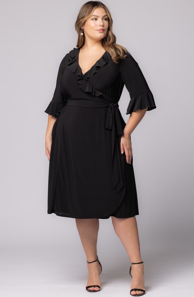 Kiyonna Barcelona Ruffle Detail Wrap Dress, Alternate, color, Black Noir