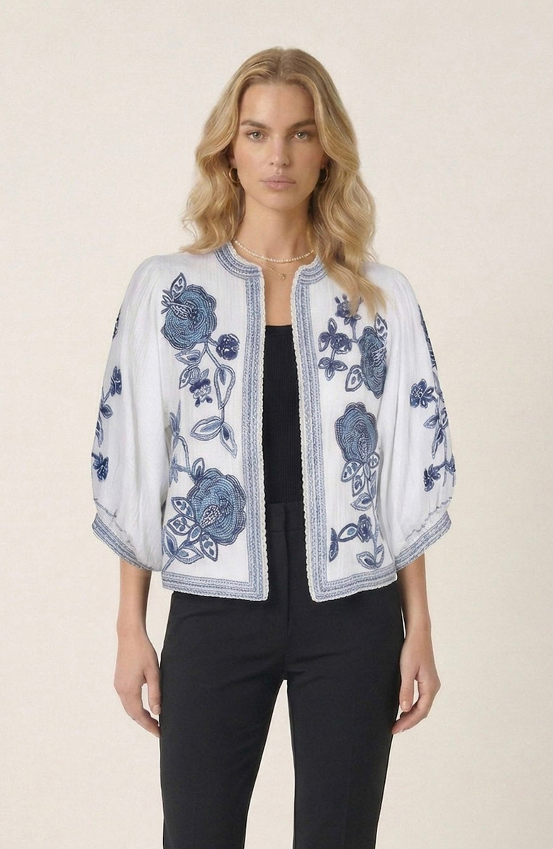 Modenaire Floral Embroidered Open Front Jacket, Main, color, White