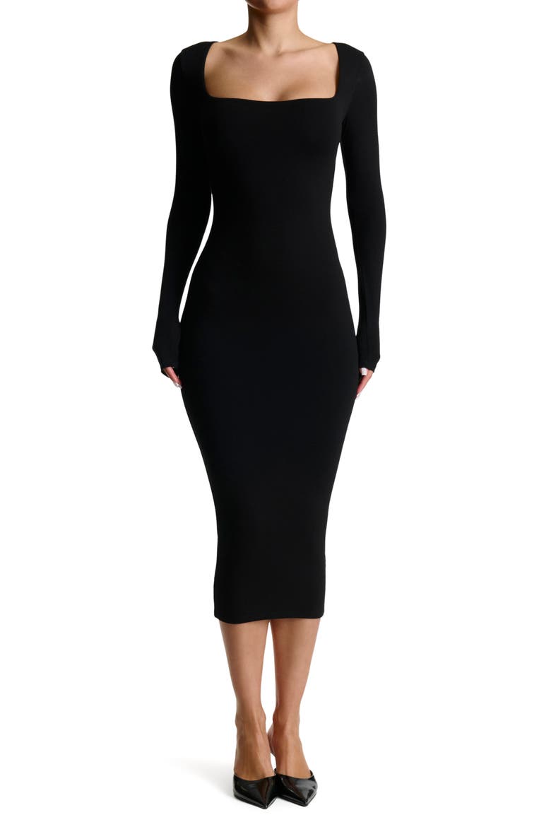Long Sleeve Square Neck Midi Dress, Main, color, BLACK