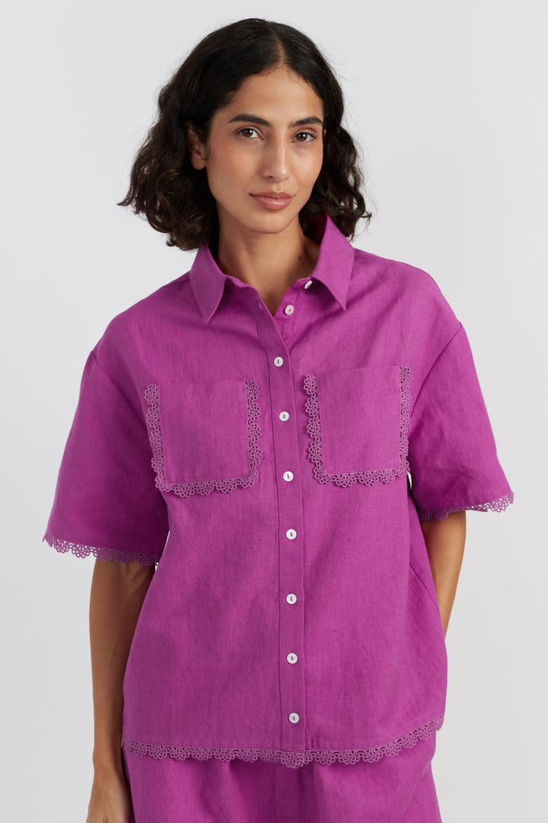 Sienna Linen-Blend Scallop Edge Shirt, Main, color, Magenta