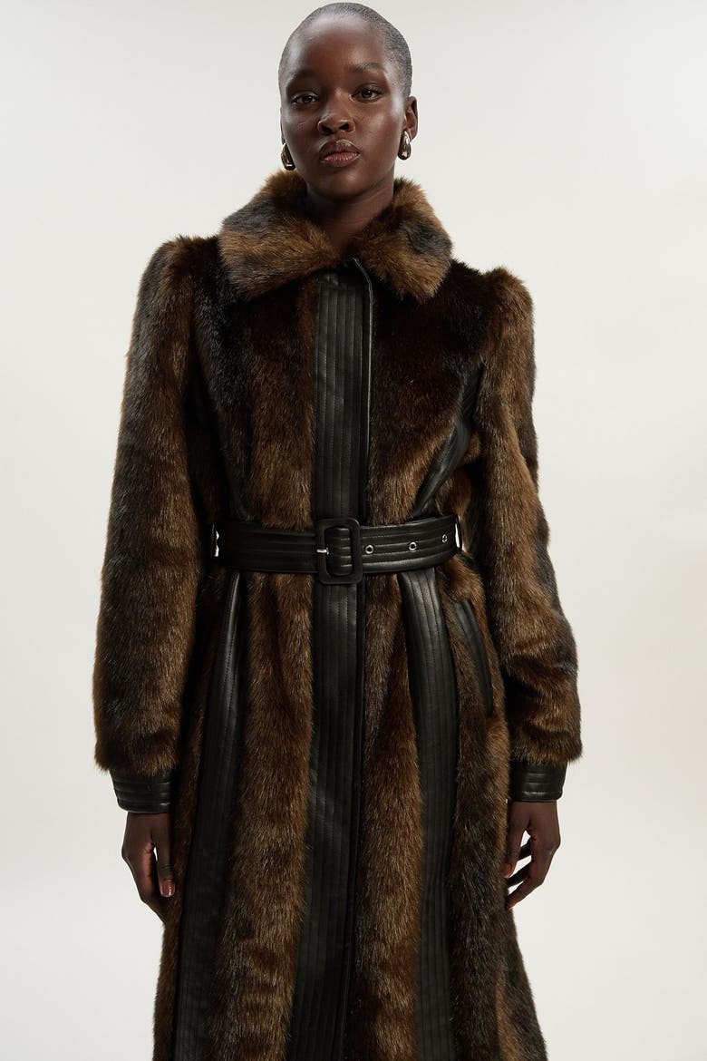 Petite Faux Fur Belted Midi Coat, Alternate, color, Chocolate