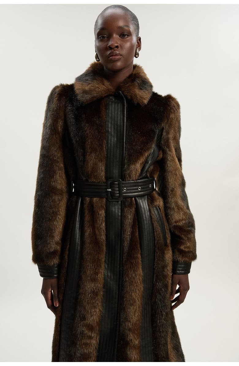 Karen Millen Petite Faux Fur Belted Midi Coat, Alternate, color, Chocolate