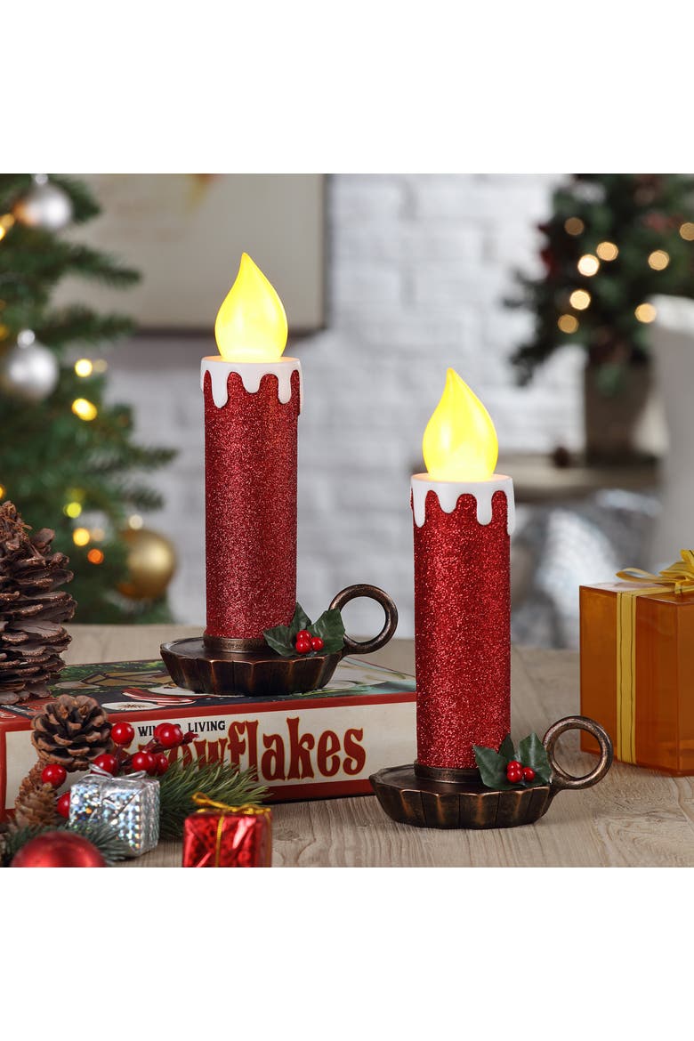 10 in. Set of 2 Flickering LED Striped Candles, Alternate, color, Red