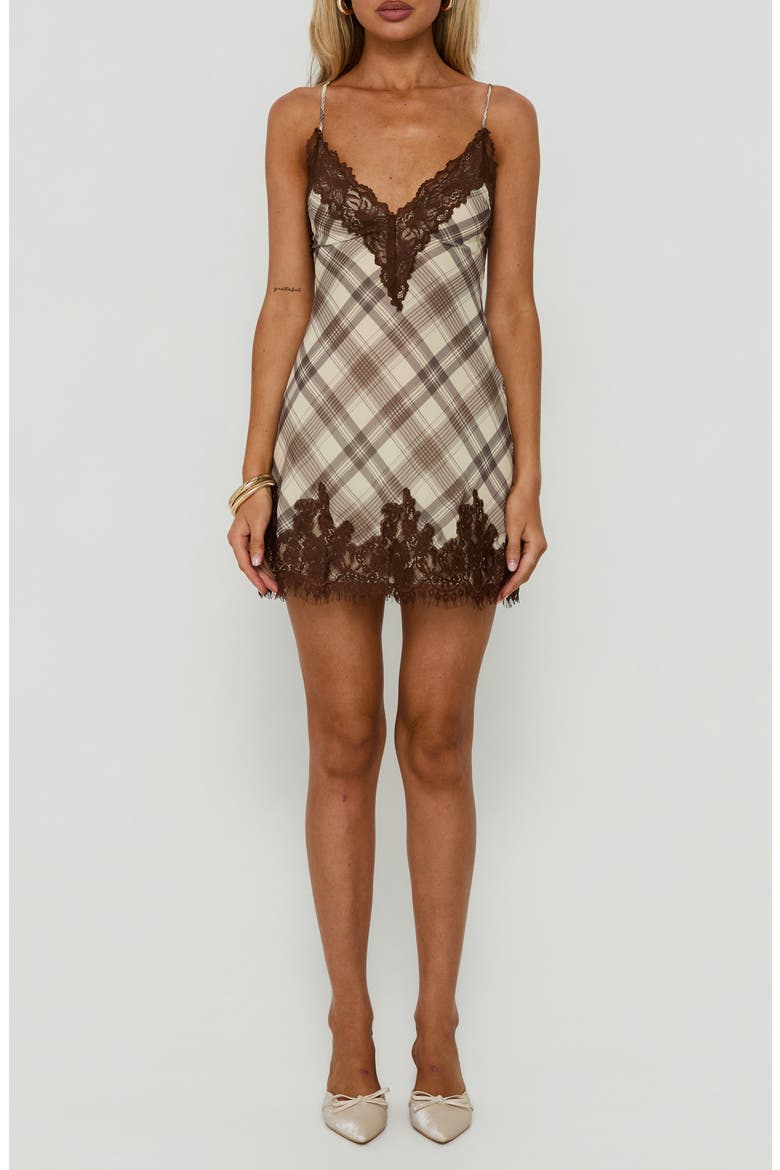 Call My Lover Lace Slip Minidress, Main, color, BROWN CHECK