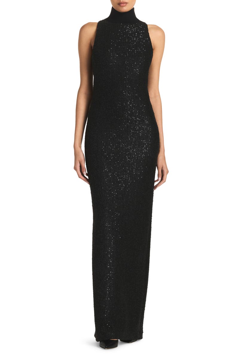 St. John Evening Sequin Knit Sleeveless Turtleneck Gown, Main, color, 