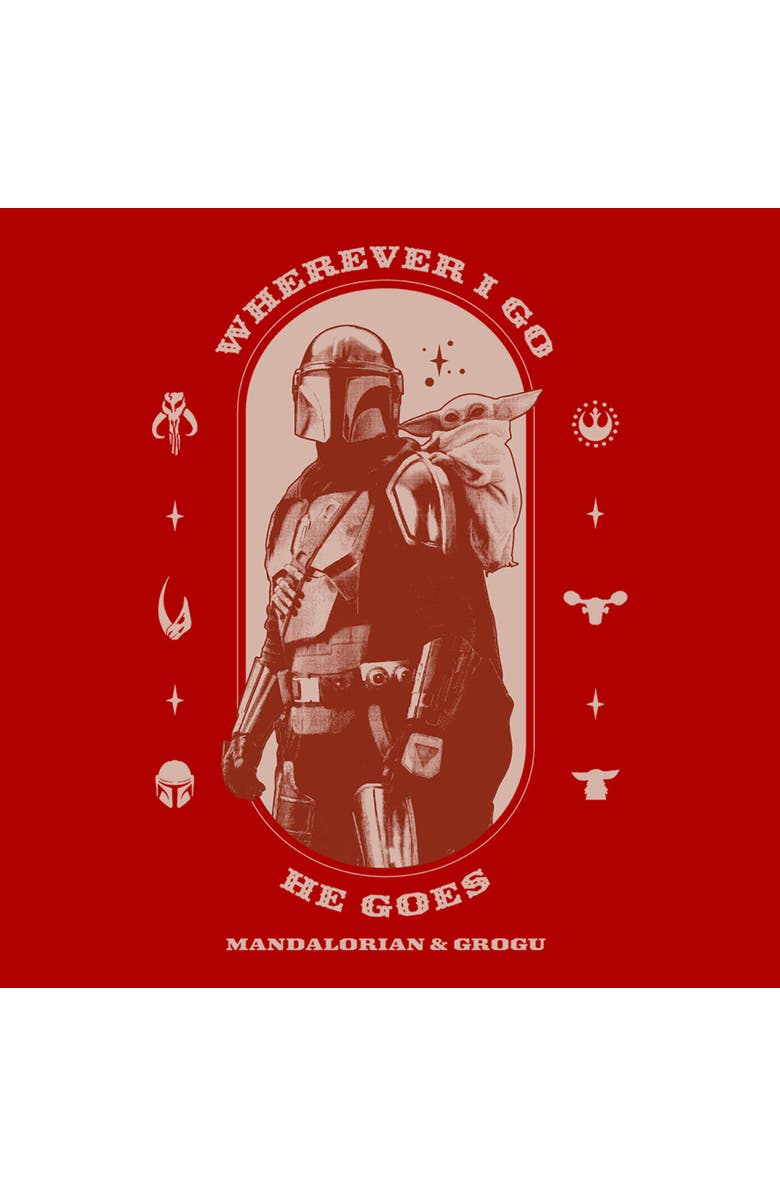 Star Wars: The Mandalorian and Grogu Junior's Star Wars The Mandalorian and Grogu Wherever I Go He Goes Logo Graphic T-Shirt, Alternate, color, Red
