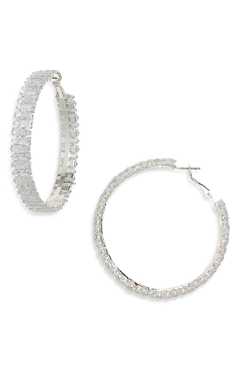 Tasha Baguette Cubic Zirconia Hoop Earrings, Main, color, Silver Cubic Zirconia