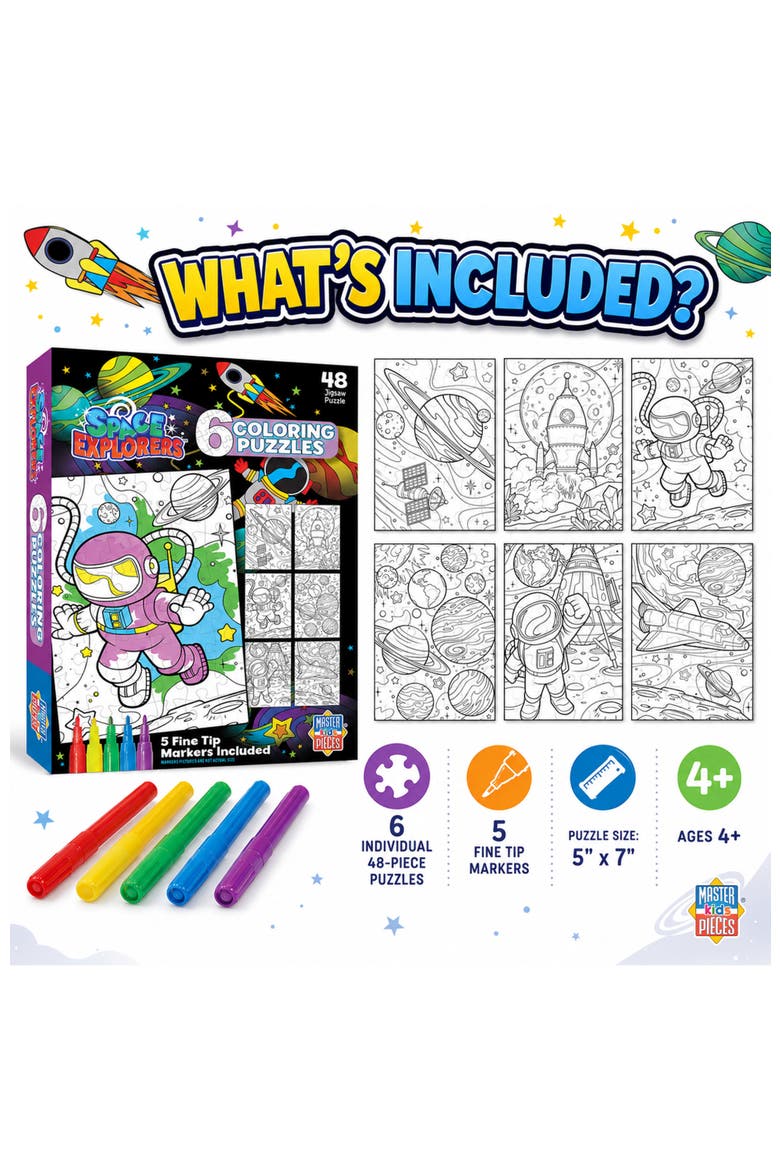 48 Piece Coloring Puzzles - Space Explorers - 6-Pack with Markers, Alternate, color, Multicolor