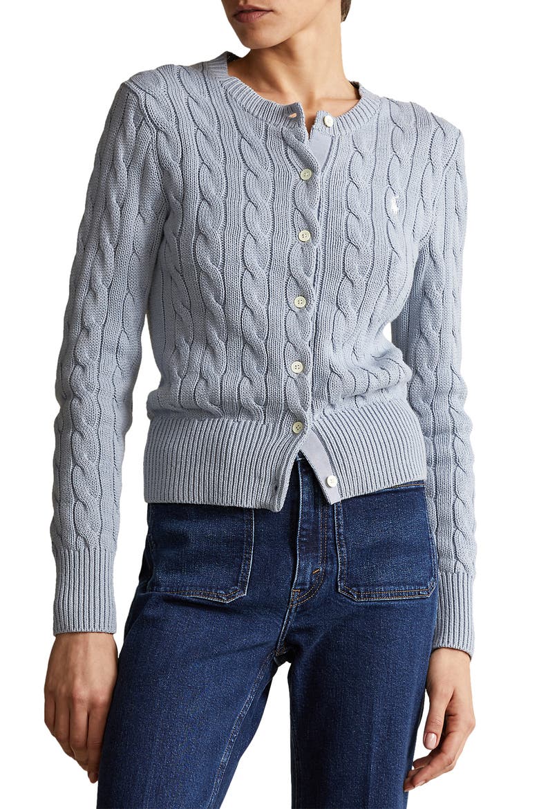 Cable Knit Cardigan, Main, color, PALE BLUE