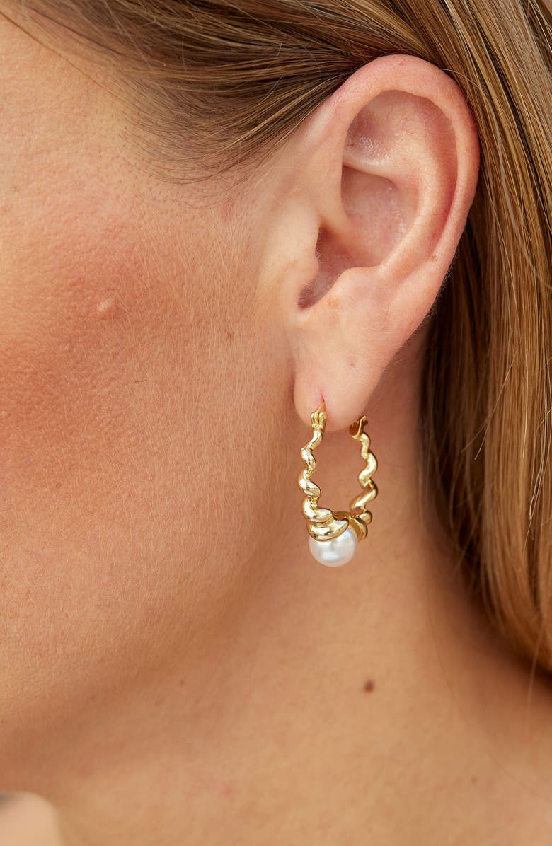 SAVVY CIE JEWELS Swirl Faux Pearl Hoop Earrings, Alternate, color, Gold