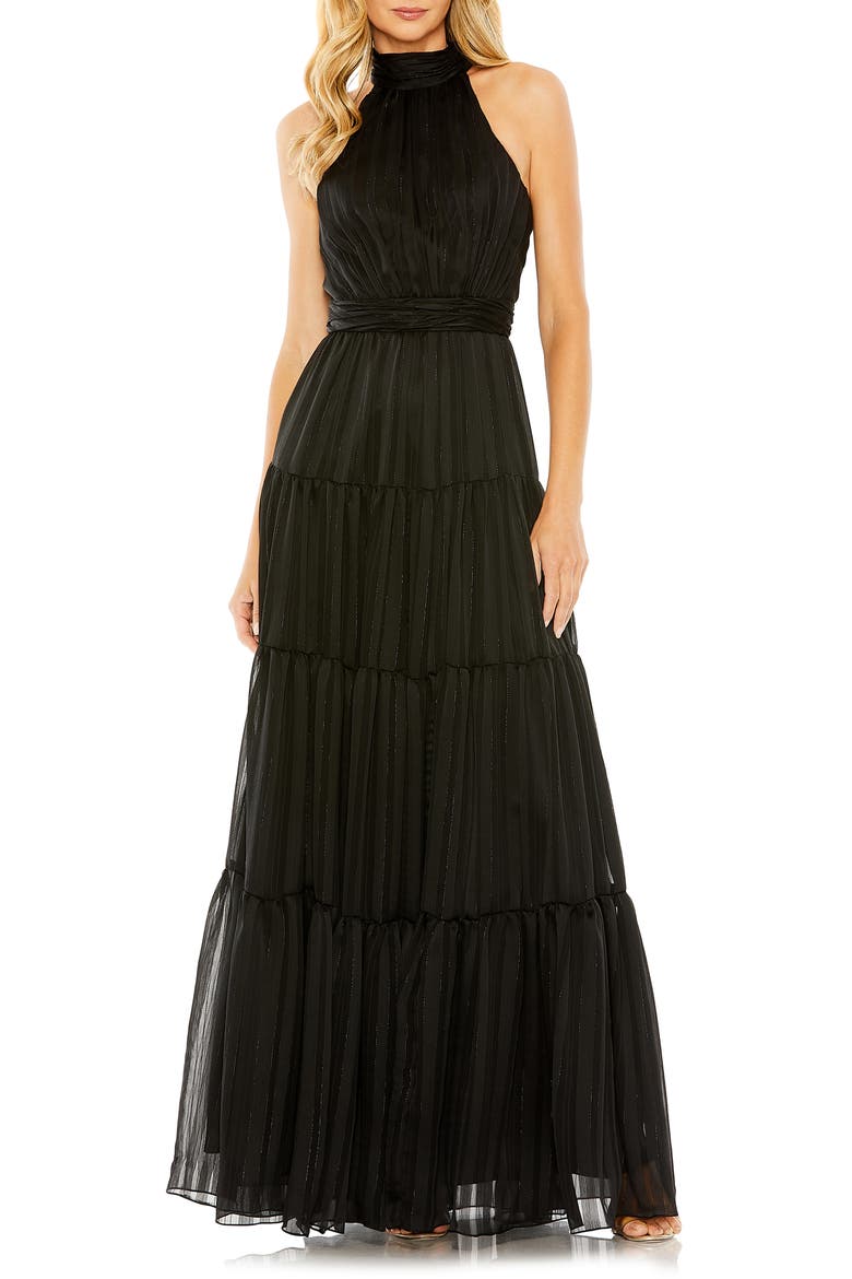 Pleated Bodice Tiered Tie Neck Halter Gown, Main, color, BLACK