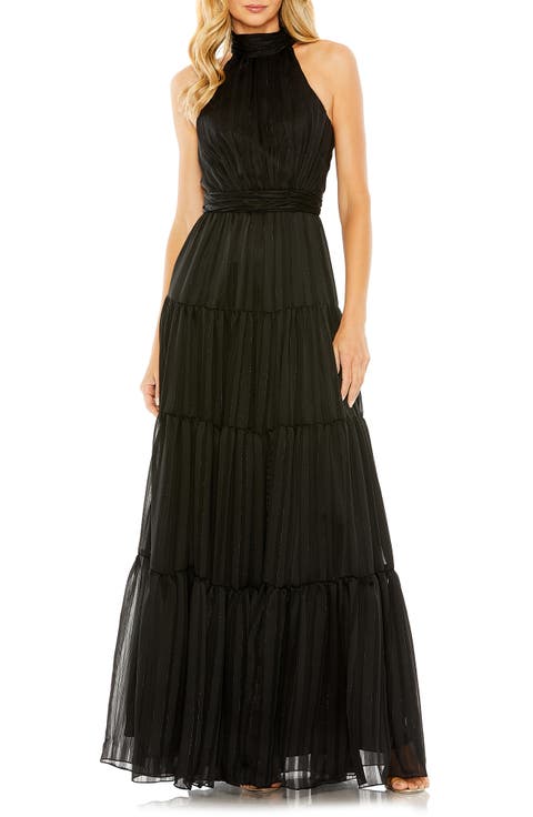Pleated Bodice Tiered Tie Neck Halter Gown