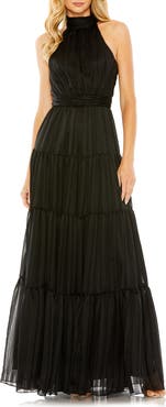 Mac Duggal Pleated Bodice Tiered Tie Neck Halter Gown