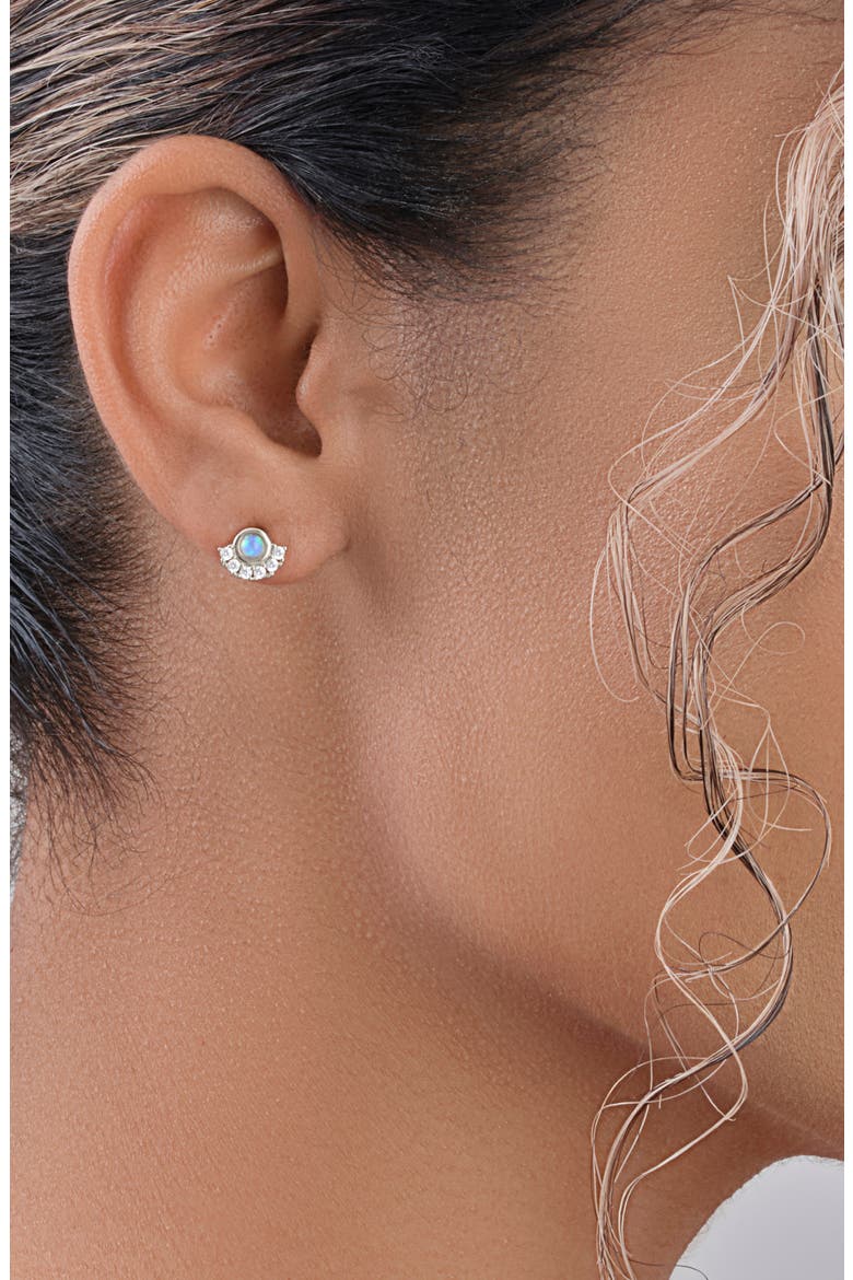 Half Halo Opal CZ Stud Earrings, Alternate, color, SILVER