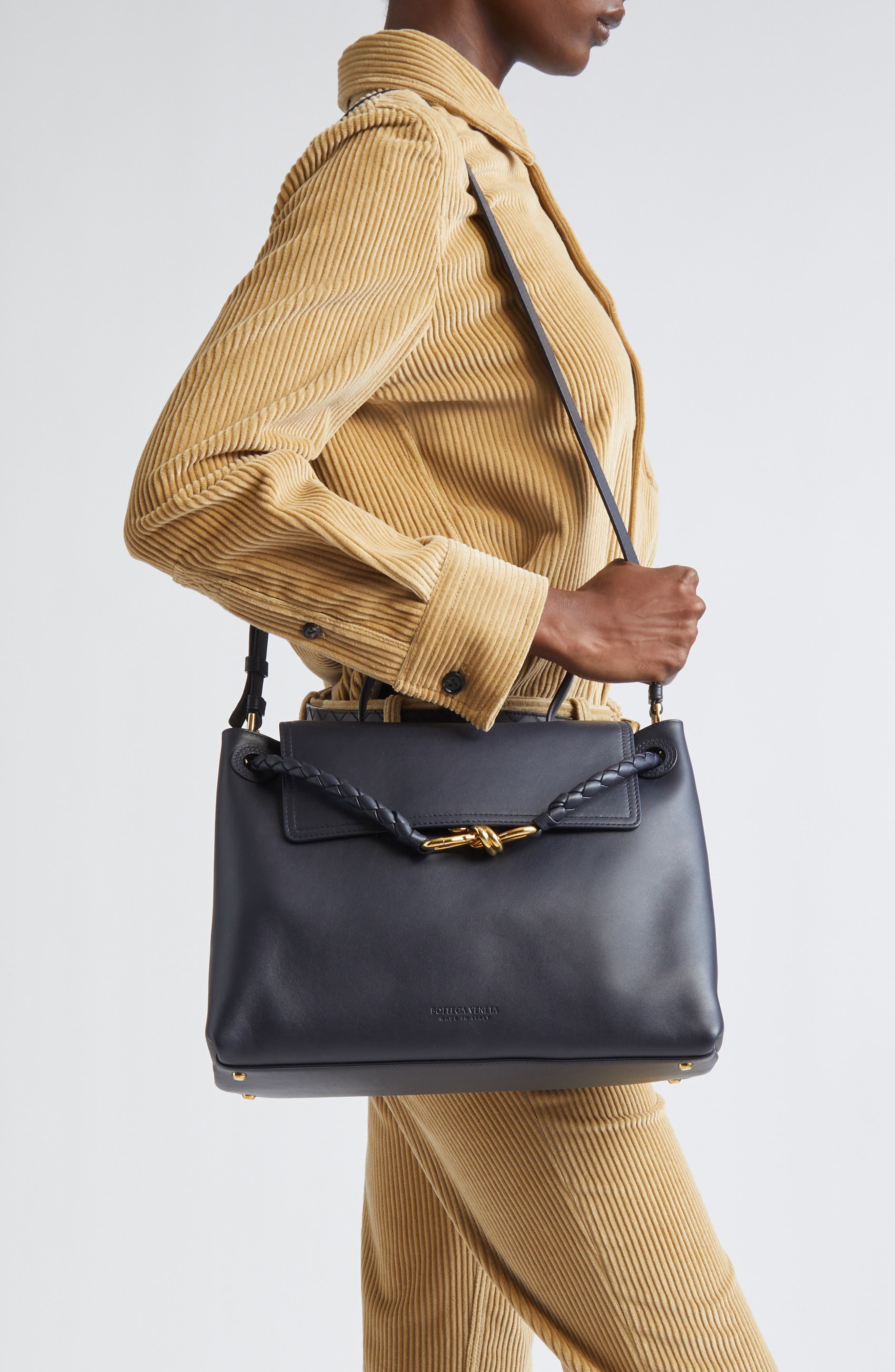 Bottega Veneta Medium Andiamo Intrecciato Suede Shoulder Bag, Alternate, color, Mud