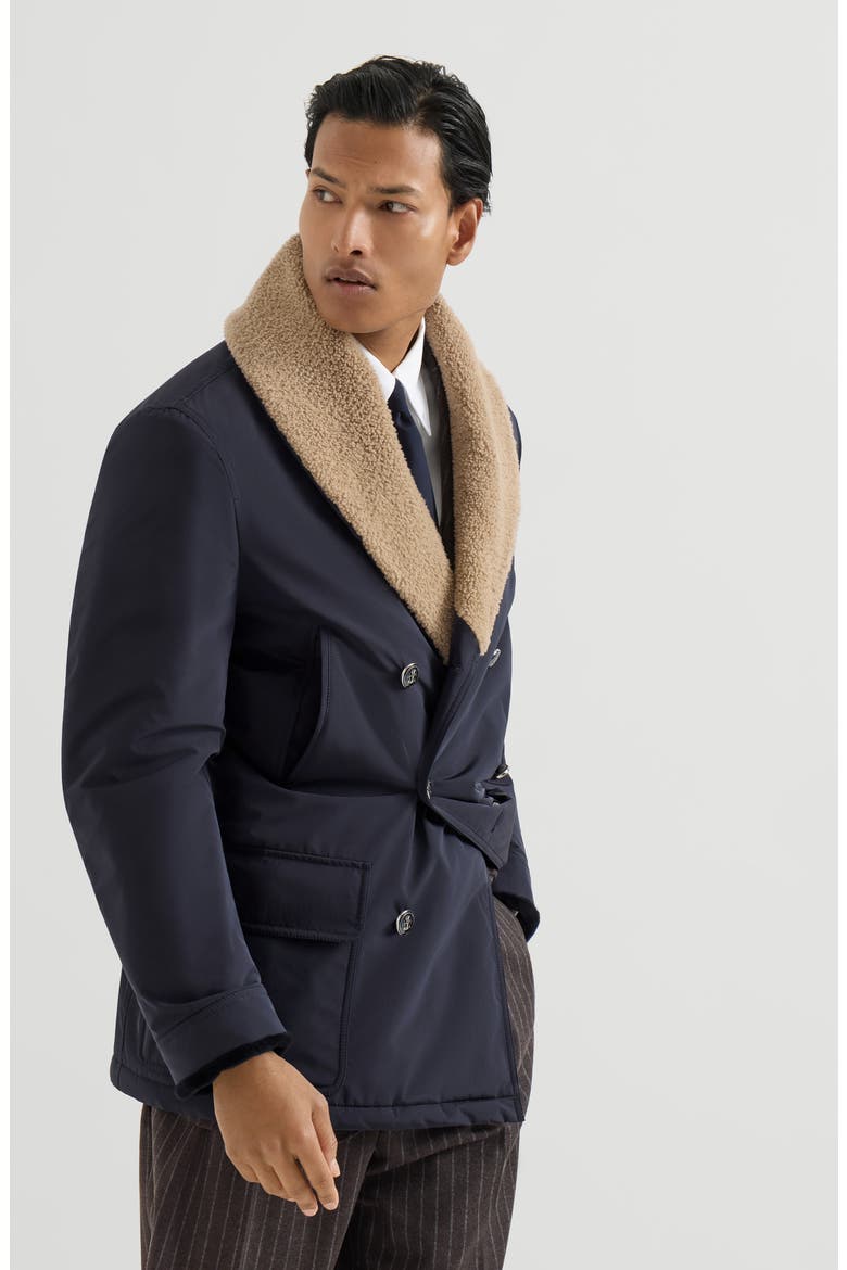 Bonded nylon double-breasted coat with shearling lining, Main, color, Navy Blue
