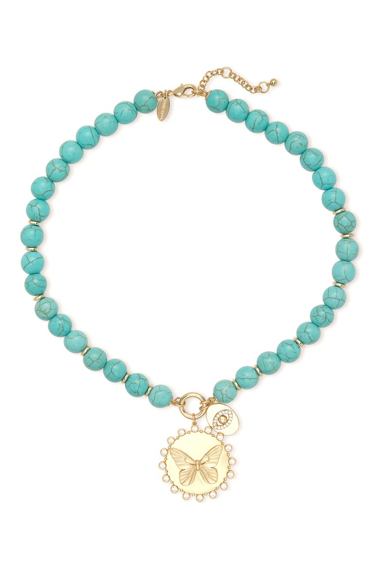 Reva Butterfly Pendant Synthetic Turquoise Bead Necklace, Main, color, TURQUOISE