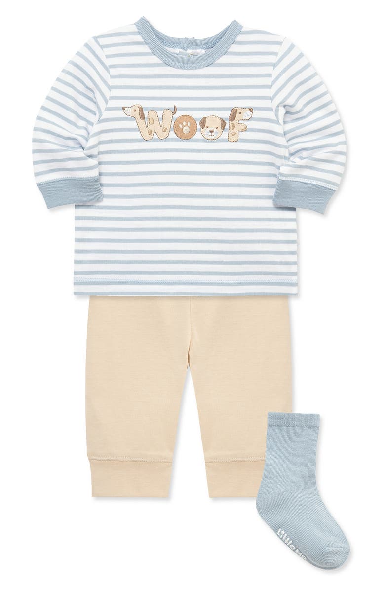 Little Me Woof Stripe Shirt, Joggers & Socks Set, Alternate, color, Tan