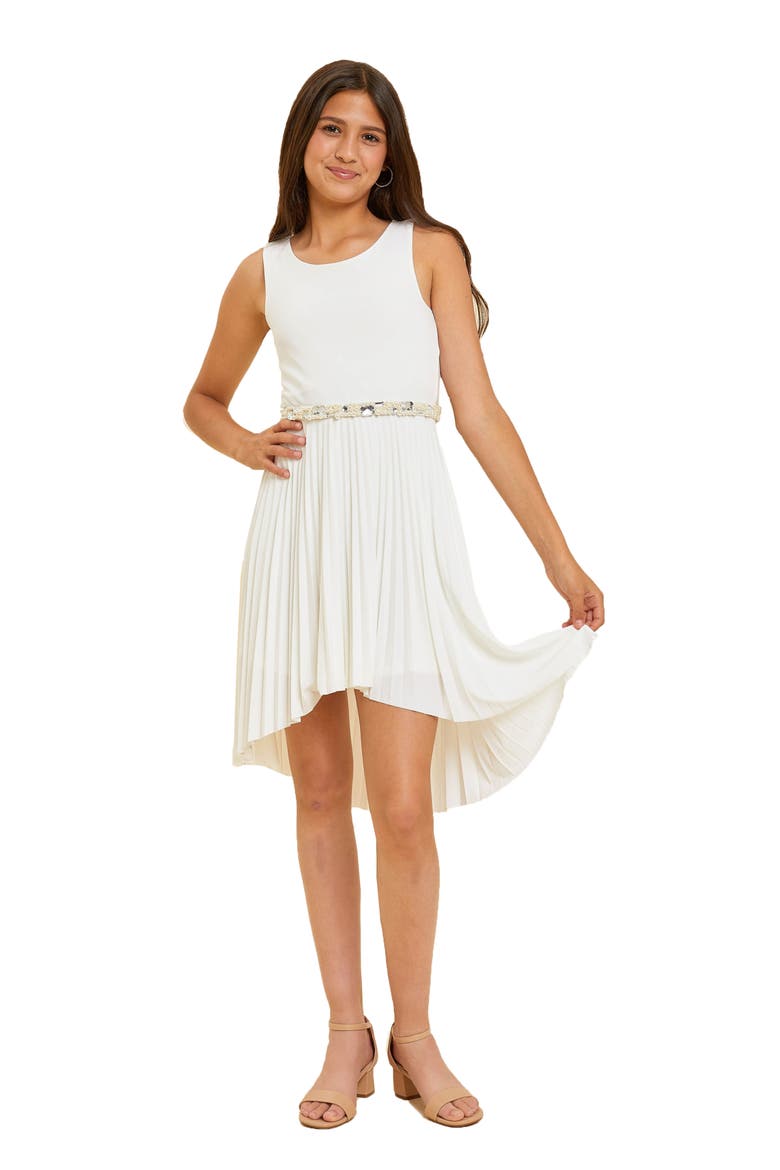 Pleated High Low Dress with Belt, Main, color, Ivory