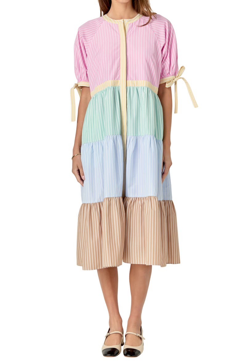 Colorblock Stripe Tiered Shirtdress, Alternate, color, MULTI