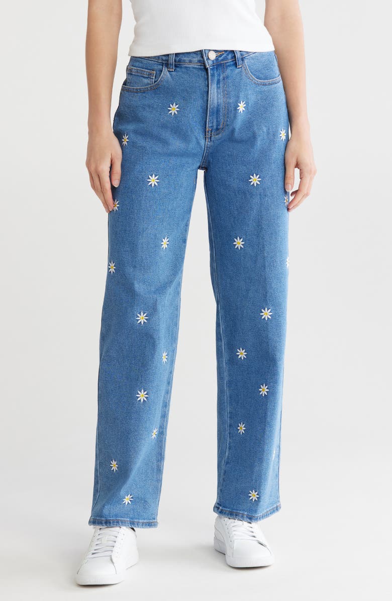 FLYING ANGEL Daisy Embroidered Straight Leg Jeans, Main, color,