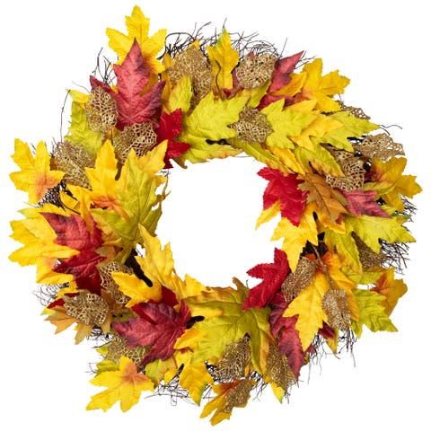 Maple and Glittered Leaves Artificial Fall Harvest Wreath - 22"