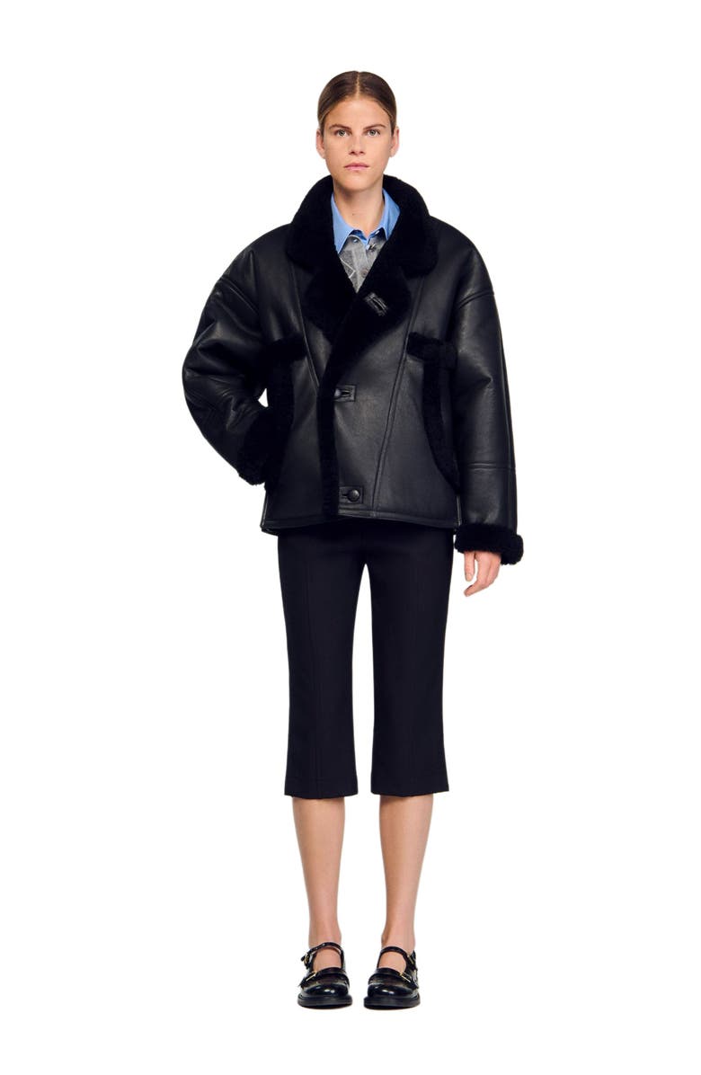 SANDRO Short shearling coat, Alternate, color, Black
