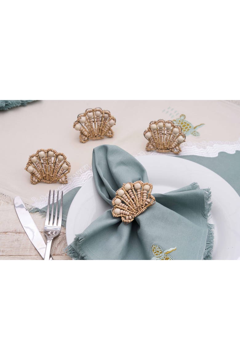 Shell Napkin Ring Set of 4 - Wood and Metal, Alternate, color, Beige