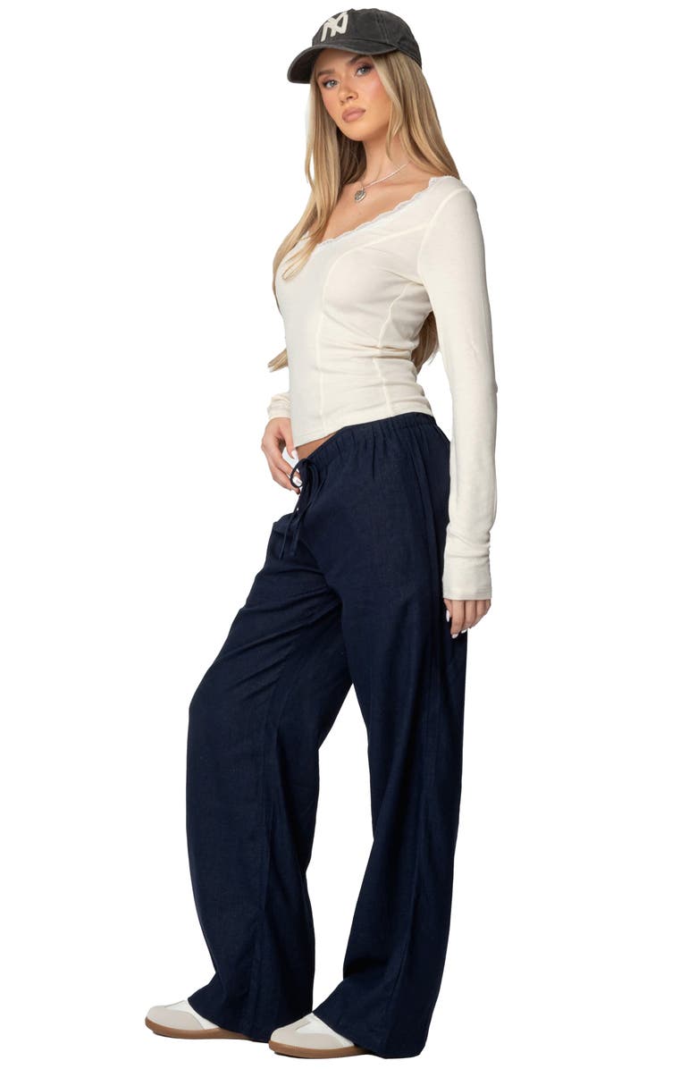 EDIKTED Yasmine Low Rise Linen Blend Drawstring Pants, Alternate, color, Navy