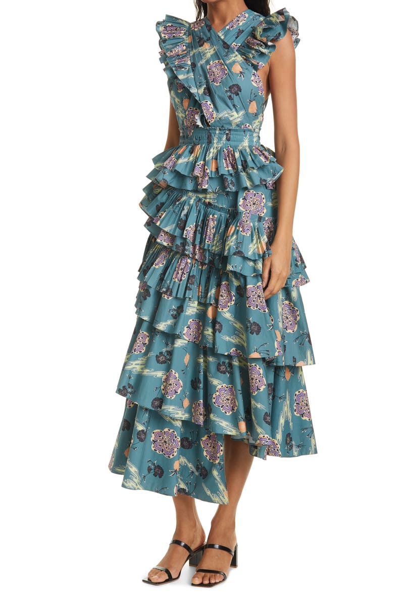 Aurore Floral Ruffle Cotton Dress, Alternate, color, RIVER