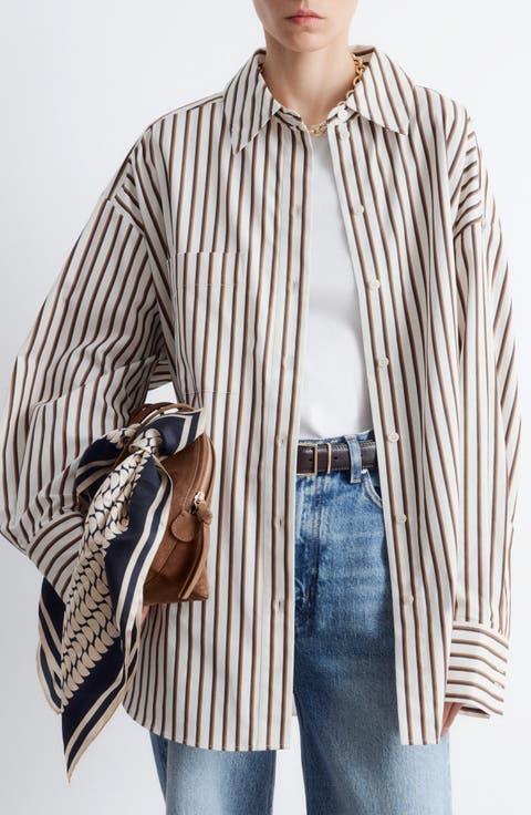 Stripe Oversize Cotton Button-Up Shirt