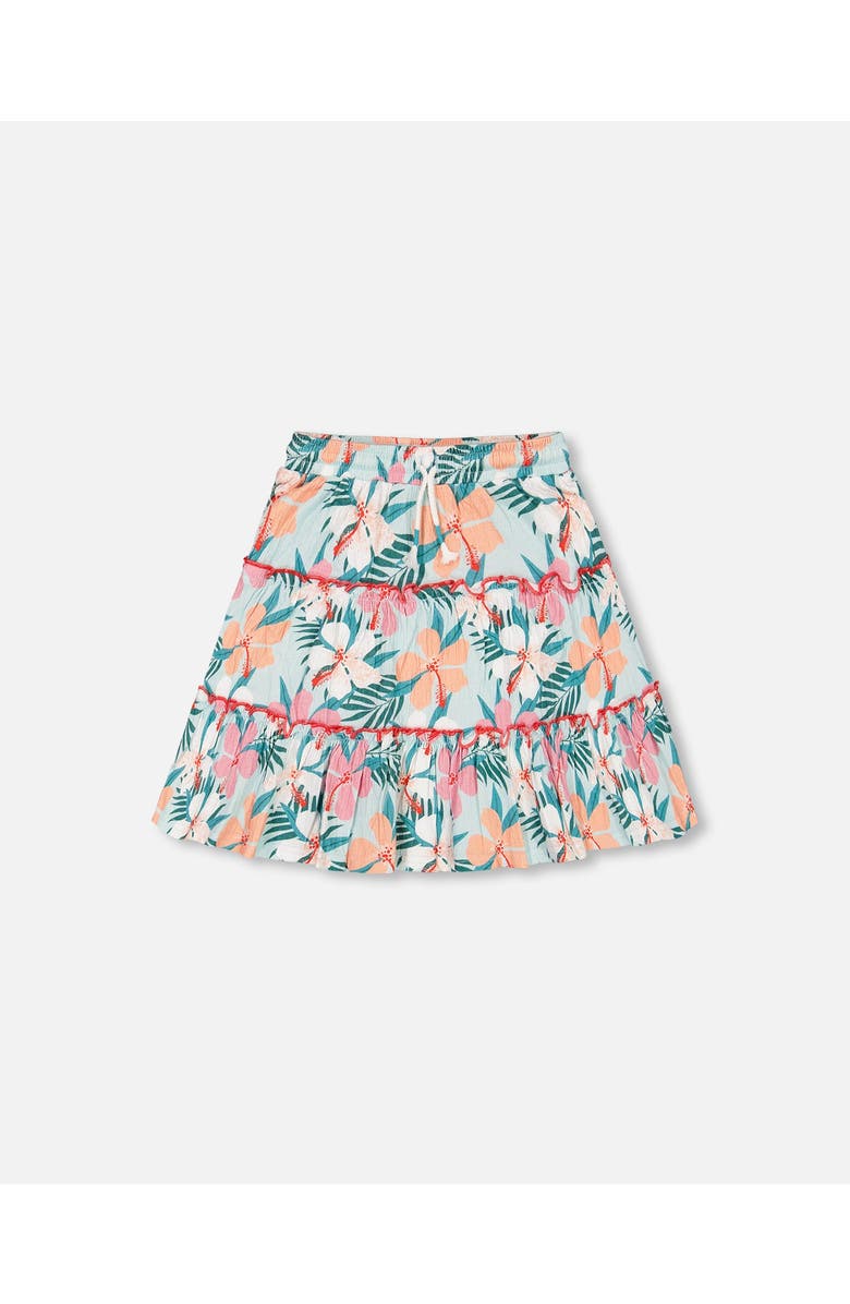 Deux par Deux Little Girl's Long Crinkle Peasant Skirt Blue Printed Beach Hibiscus, Main, color, 