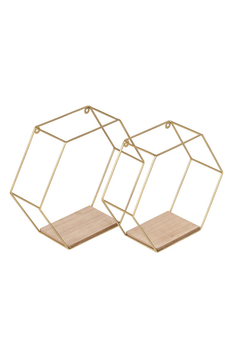 HONEY-CAN-DO Set of Hexagonal Decorative Metal Wall Shelves, Gold, Main, color, 