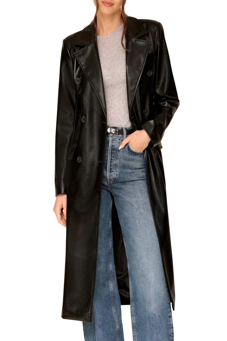 Faux Leather Belted Trench Coat, Alternate, color, BLACK