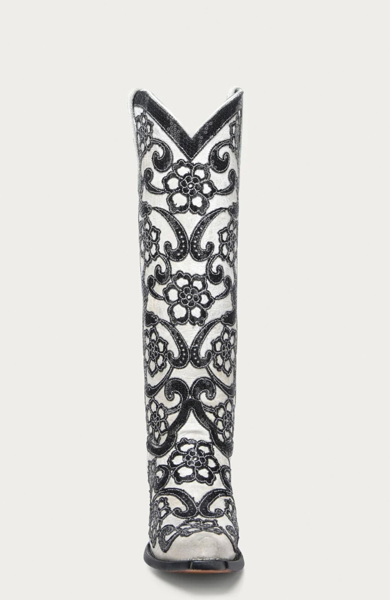 Cowhide Embroidered Overlay Floral Snip Toe Tall Boots, Alternate, color, White/Black