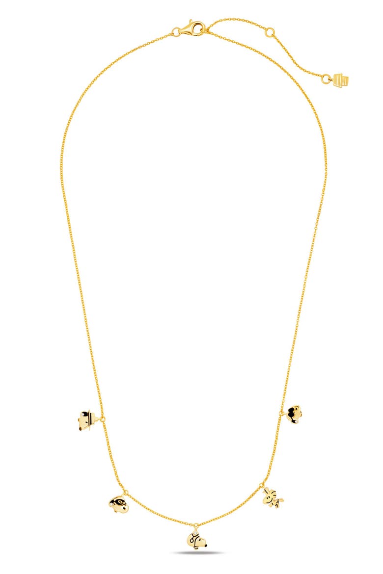x Peanuts® Snoopy & Woodstock Charm Station Necklace, Main, color, 18KT YELLOW GOLD / CLEAR STONE