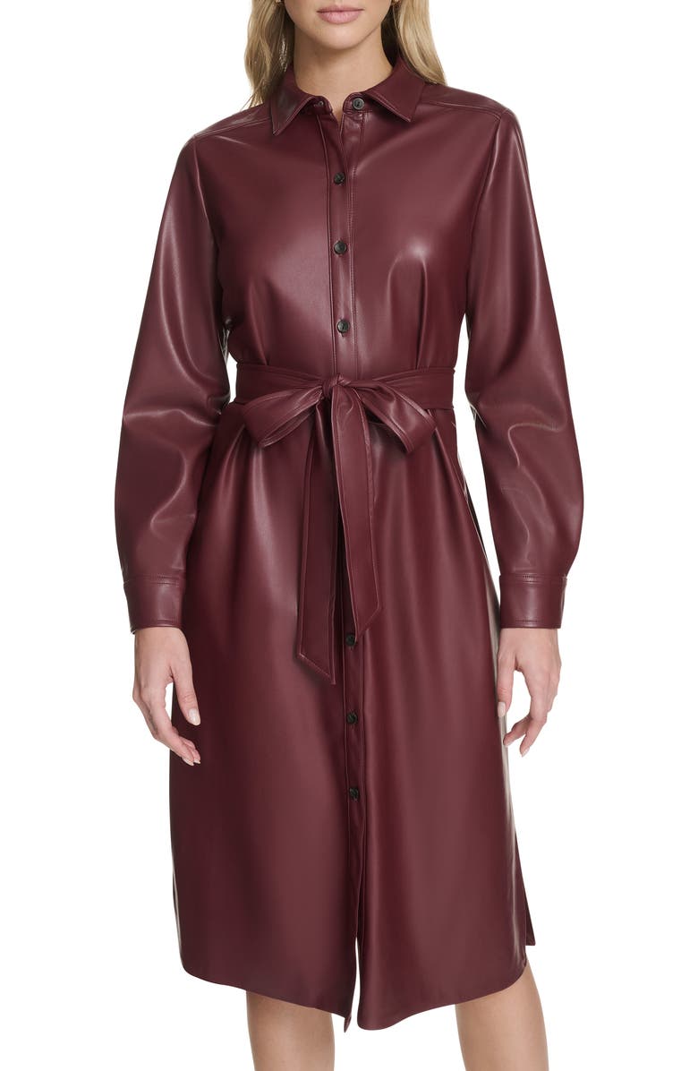 Calvin Klein Long Sleeve Faux Leather Shirtdress, Alternate, color, Syrah