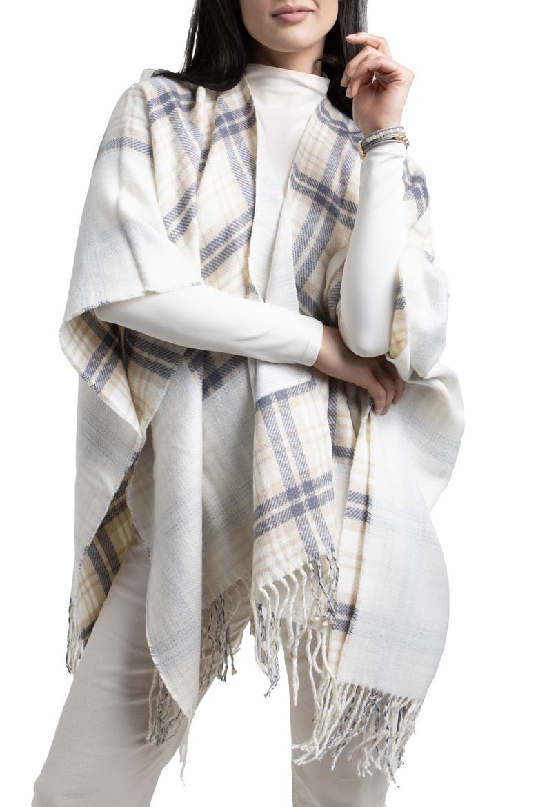 Plaid Tassel Ruana, Main, color, IVORY