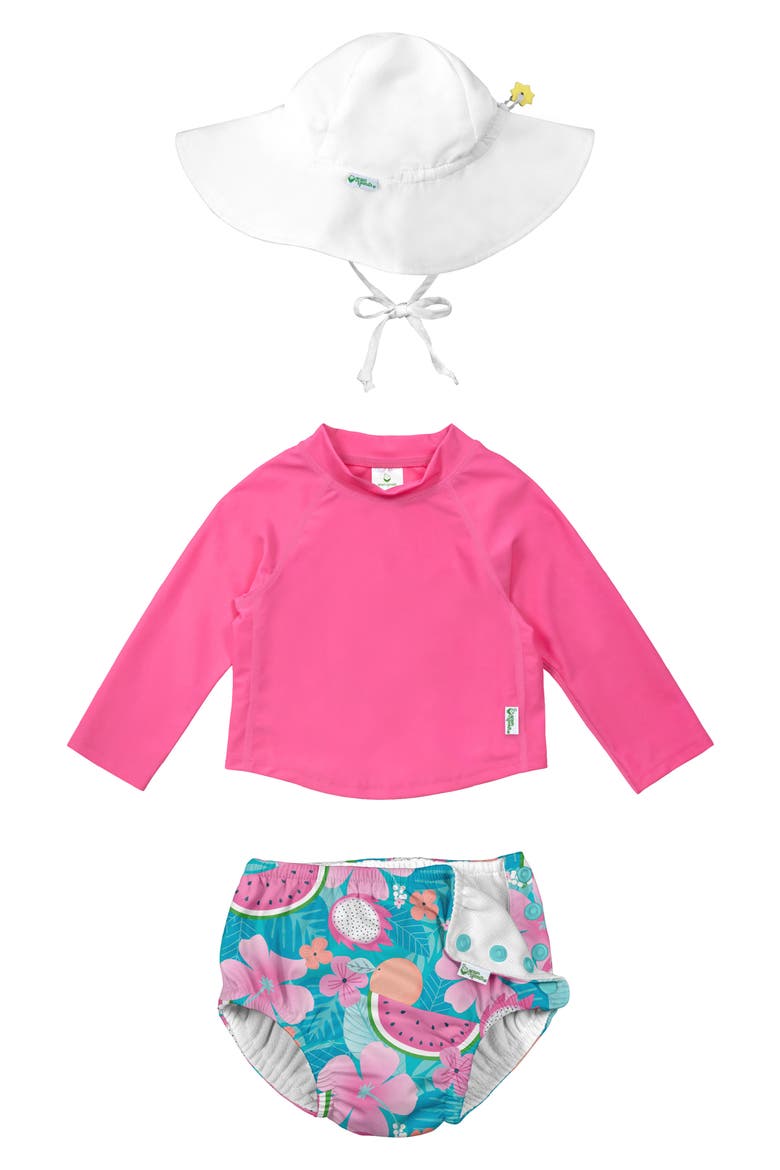 Sun Hat, Long Sleeve Rashguard & Reusable Swim Diaper Set, Main, color, AQUA