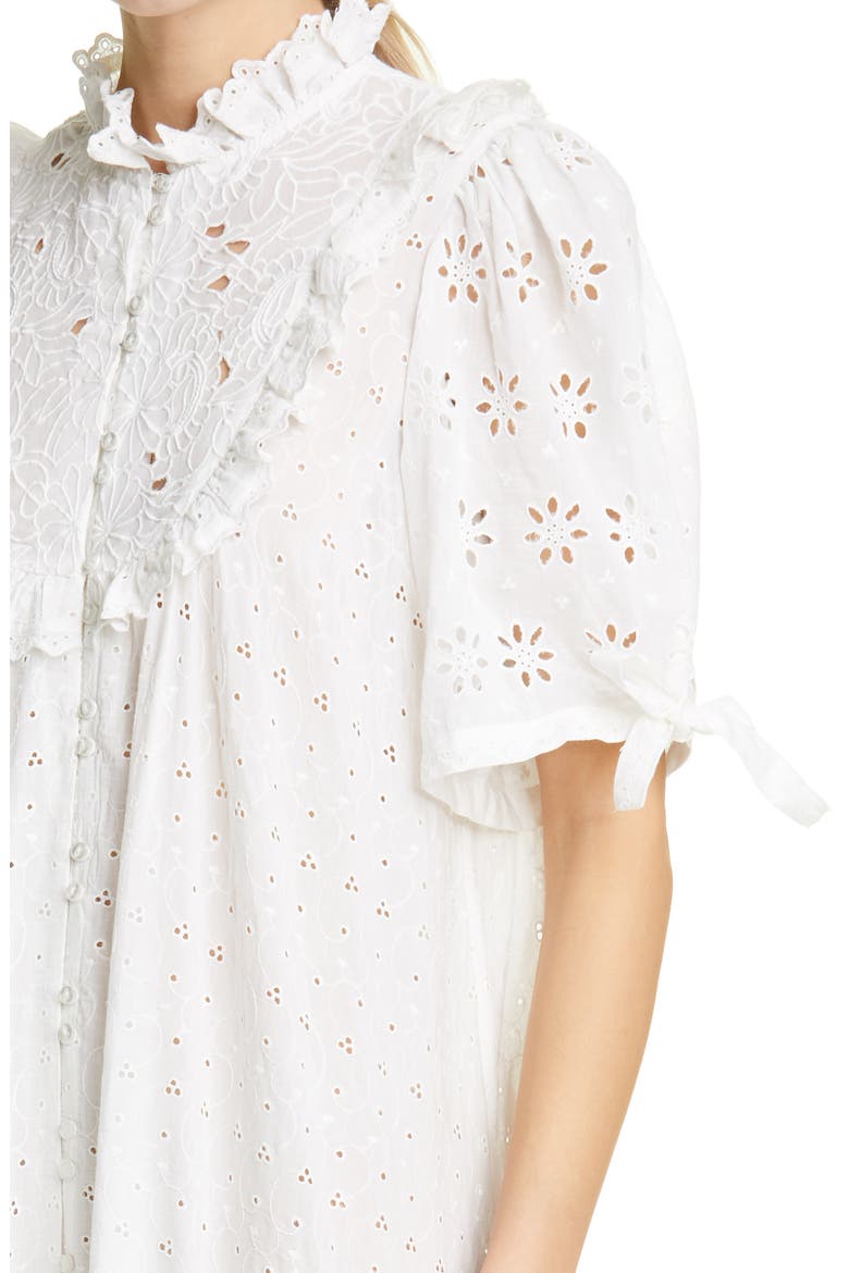 Broderie Anglaise Bib Front Midi Dress, Alternate, color, WHITE