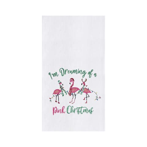 Beach Coastal Holiday "I am Dreaming Pink Christmas" 3 Pink Flamingos Embroidered Flour Sack Dishtowel 27L x 18W in.