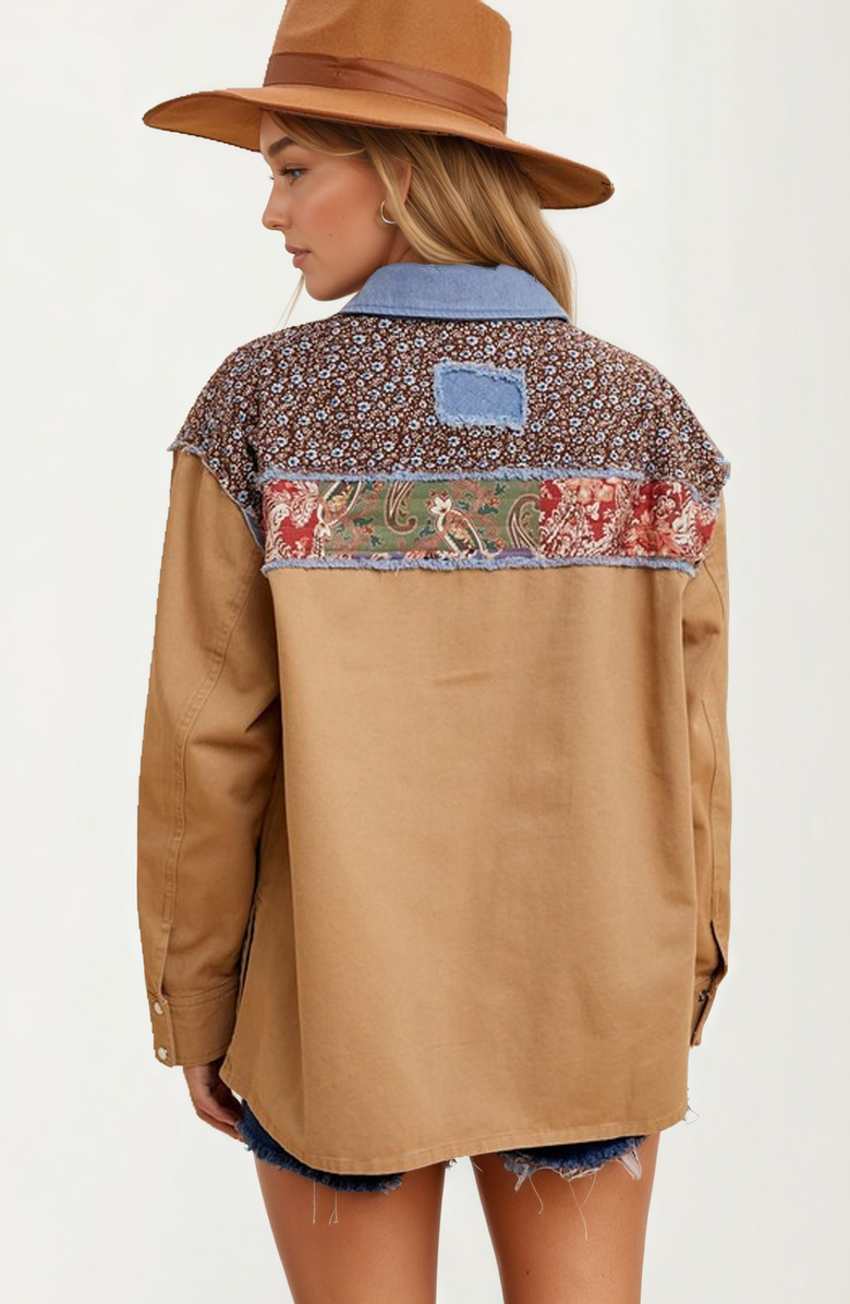 Knit and Lounge Patchwork Denim Trim Floral Accents Button-Up Jacket, Alternate, color, Tan / Denim / Floral