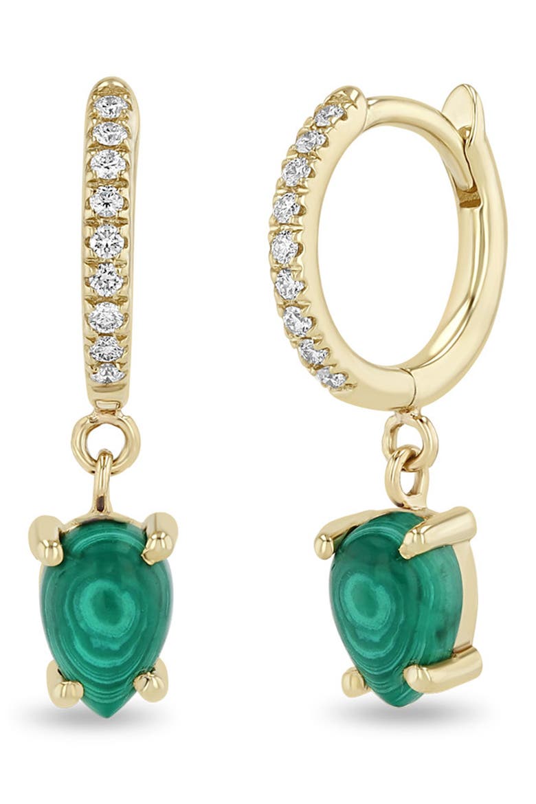 14K Gold Small Malachite & Diamond Drop Hoop Earrings, Main, color, 14K YELLOW GOLD