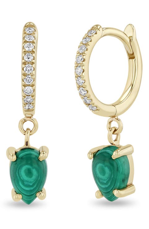 14K Gold Small Malachite & Diamond Drop Hoop Earrings