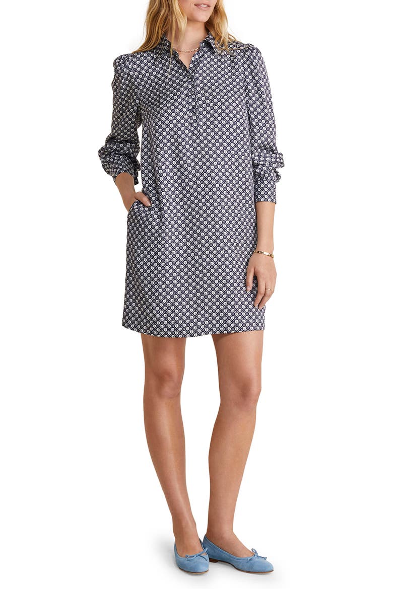 Floral Long Sleeve Silk Blend Poplin Shirtdress, Main, color, LATTICE FLORAL-NAVY