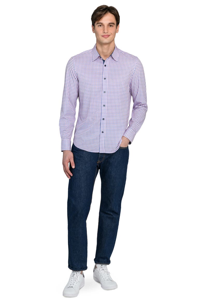 Grid Print Stretch Dress Shirt, Alternate, color, ORANGE/ BLUE