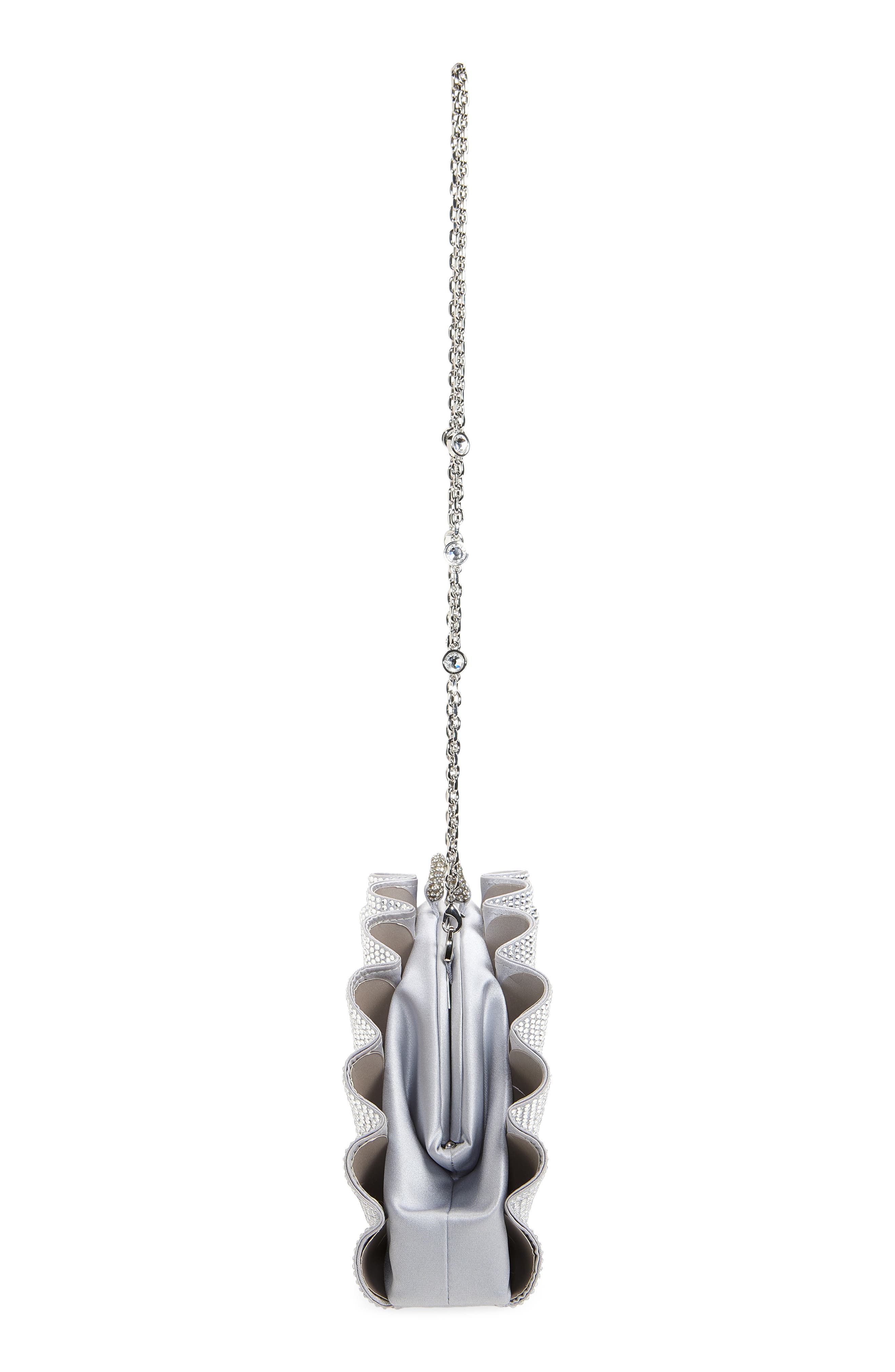 Origami Fan Crystal Embellished Satin Clutch, Alternate, color, SILVER RHINE